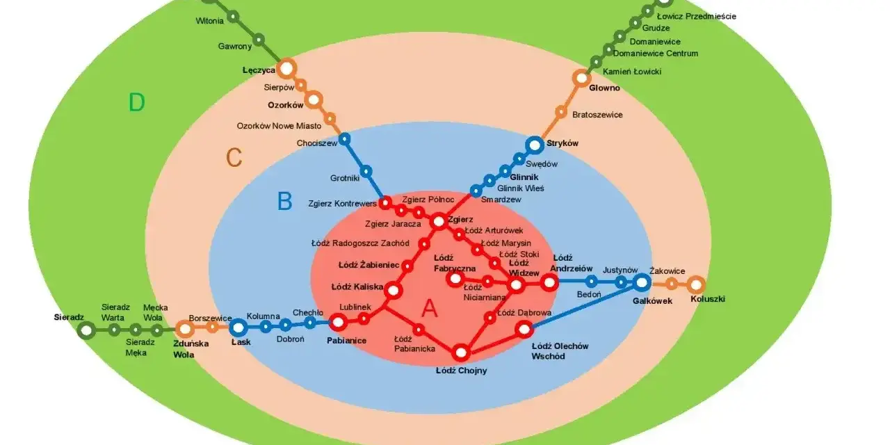 Mapa stref taryfowych dla **wspólnego biletu samorządowego** obejmująca Łódź i okolice, z zaznaczonymi liniami kolejowymi i nazwami miejscowości.