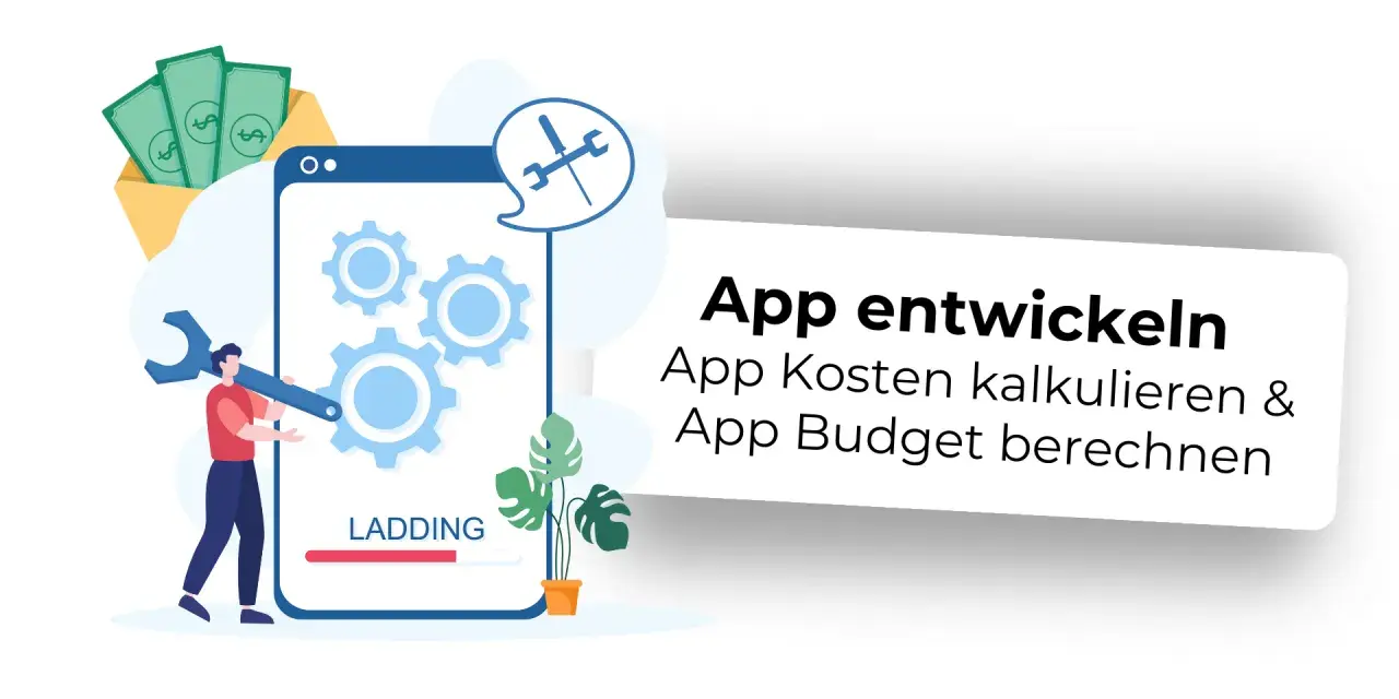 Ein Mann mit Werkzeug vor einem Smartphone-Bildschirm, der Zahnräder und eine Ladeanzeige zeigt. Geld im Umschlag. Ein web app beispiel für App-Entwicklungskosten.