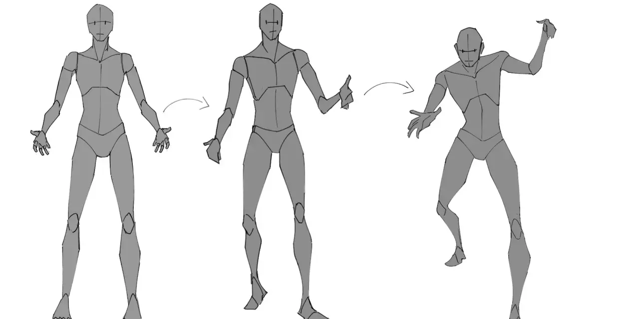 Figuras grises muestran poses para dibujar, evolucionando de una pose estática a una dinámica.