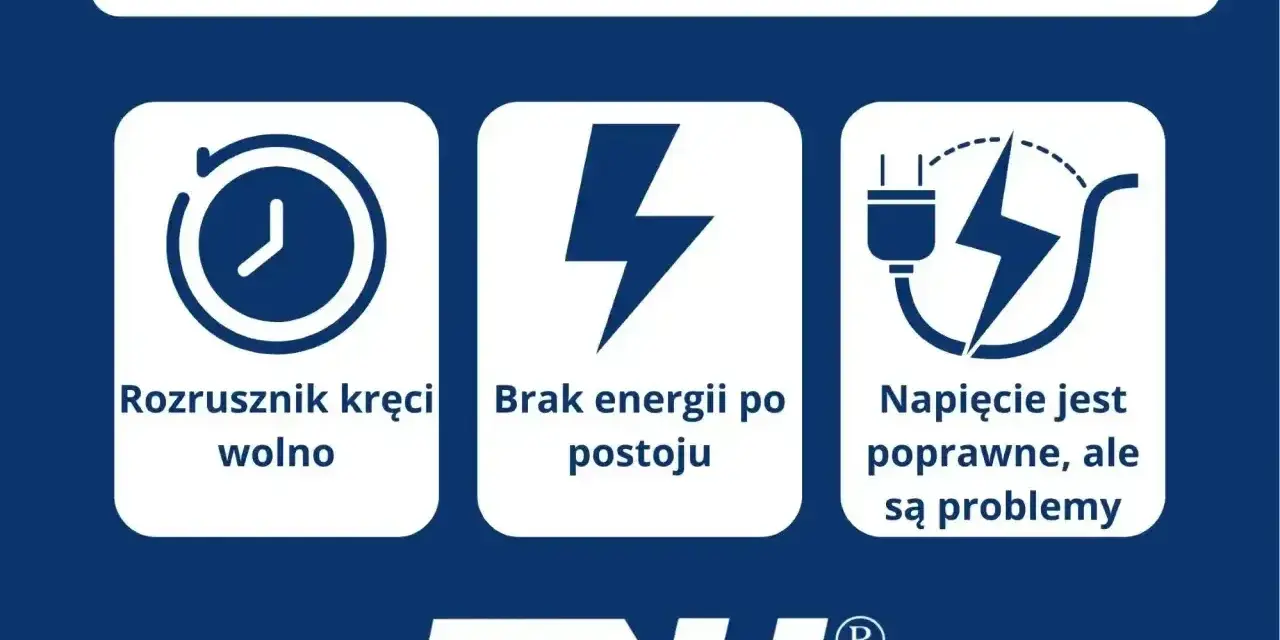 Objawy rozładowanego akumulatora: rozrusznik kręci wolno, brak energii po postoju, napięcie poprawne, ale są problemy. Sprawdź żywotność akumulatora.