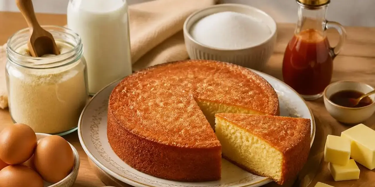 Un délicieux gâteau de semoule, doré et moelleux, entouré d'ingrédients frais : œufs, lait, sucre, beurre et une touche de sirop.