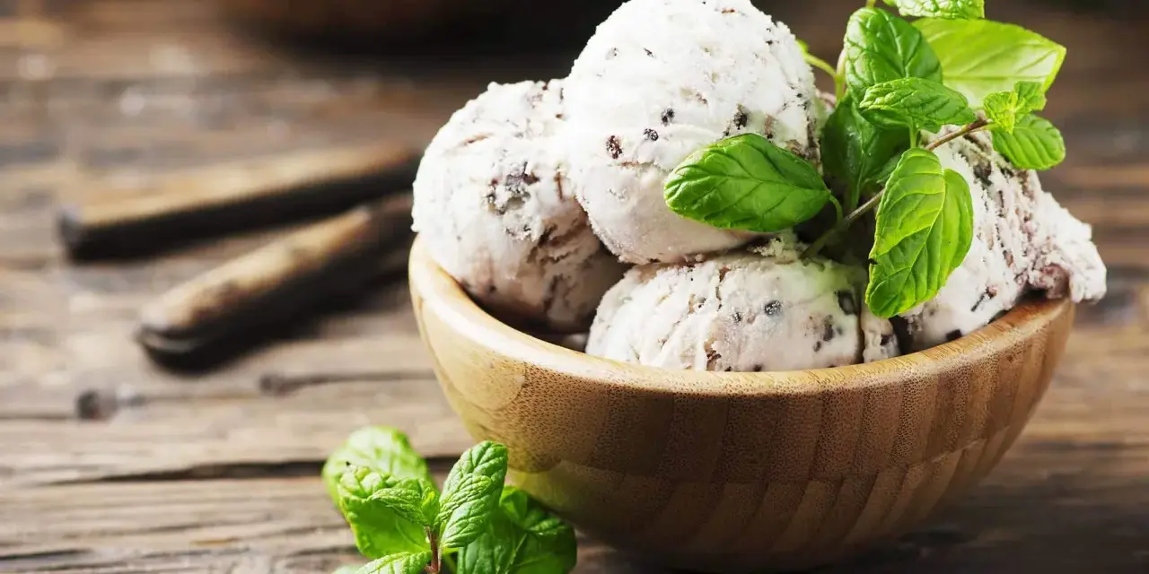 Schüssel mit Stracciatella Eis und frischer Minze auf Holzhintergrund.