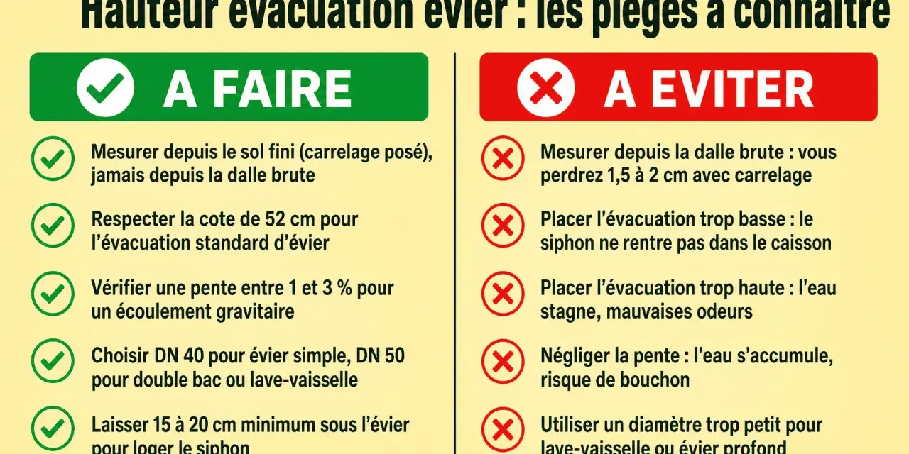 Conseils pour la hauteur d'évacuation d'évier : à faire et à éviter. Mesurer depuis le sol fini, respecter 52 cm, vérifier la pente. Éviter une évacuation trop basse ou trop haute.