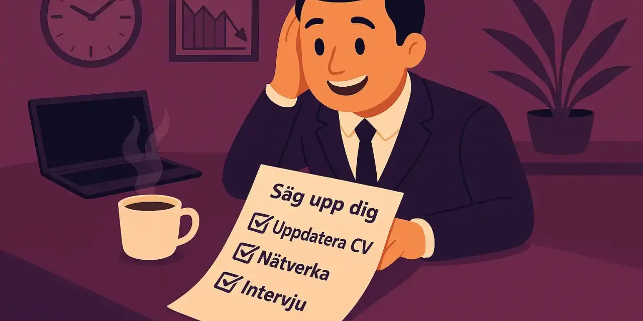 Man med checklista för att byta jobb: uppdatera CV, nätverka, intervju. Kaffe och laptop på skrivbordet.