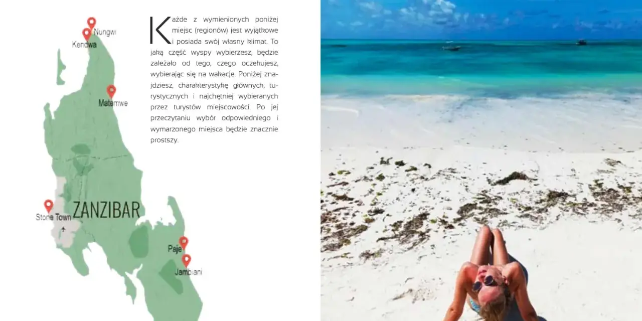Piękna plaża na wyspie Zanzibar, turkusowa woda i biały piasek. Kobieta wyleguje się na piasku.