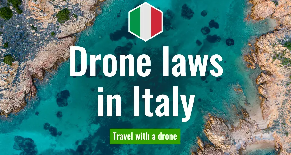 Aerial view of a stunning Italian coastline with text overlay: "Drone laws in Italy. Travel with a drone.