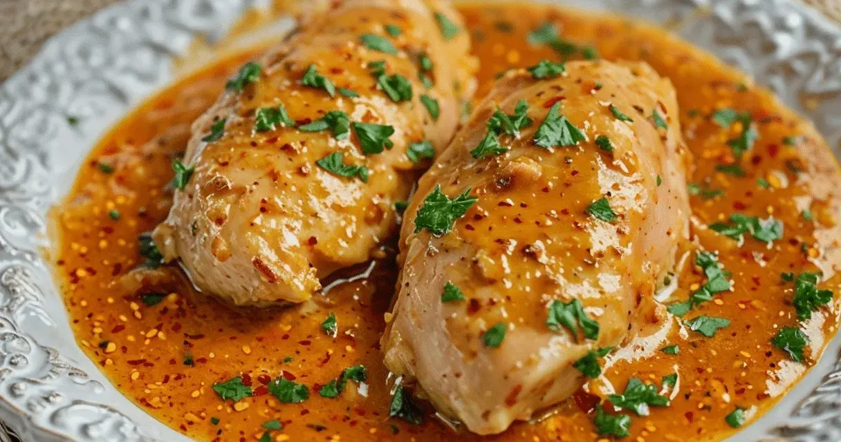 Dos pechugas de pollo en una sabrosa salsa naranja, espolvoreadas con perejil fresco picado.