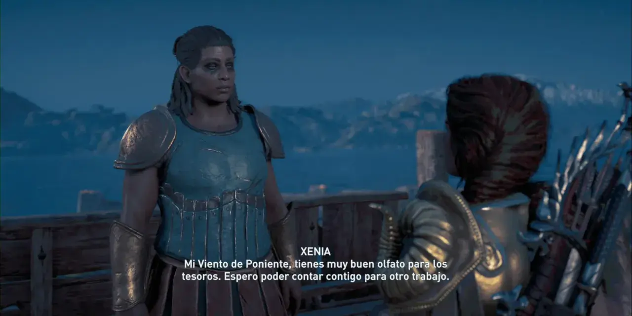 Xenia, pluma en mano, habla sobre tesoros. La noche cae sobre un paisaje montañoso.