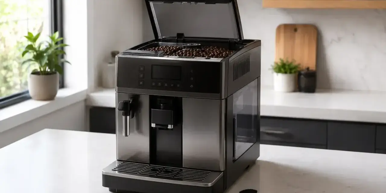 Automatyczny ekspres DeLonghi Dinamica z otwartą klapą na ziarna kawy. Obok szczoteczka do czyszczenia, przydatna, gdy zastanawiasz się, jak wyczyścić młynek do kawy w ekspresie.