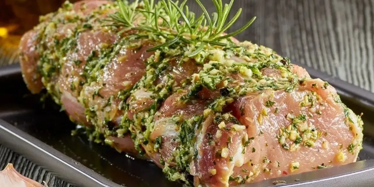 Schab w aromatycznej marynacie z czosnku, ziół i rozmarynu, gotowy do pieczenia.