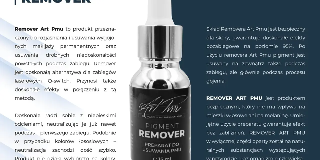 Butelka z preparatem Remover Art Pmu do usuwania makijażu permanentnego, z pipetą. Skuteczny i bezpieczny dla skóry.