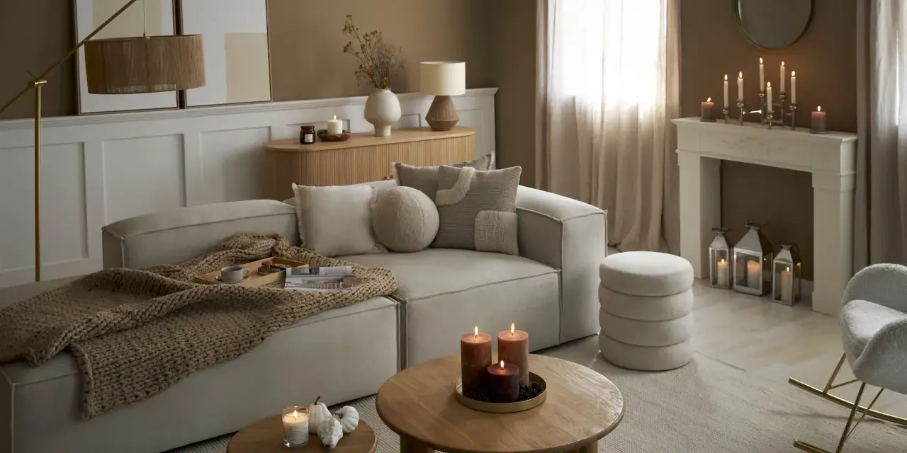 Przytulny salon w odcieniach sepia kolor. Miękki narożnik, drewniane stoliki, kominek z świecami i ciepły pled tworzą atmosferę relaksu.