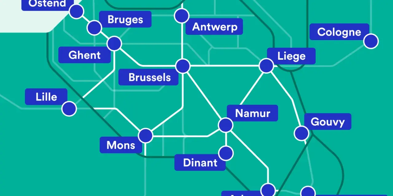 Map showing train routes connecting major cities in Belgium, including Brussels, Antwerp, and Ghent, with international connections to Lille, Cologne, and Luxembourg.