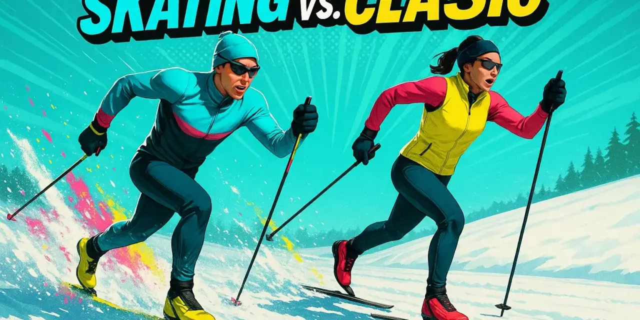 Två skidåkare tävlar, en i skate-stil och en i klassisk stil. De visar upp olika skidstilar i en dynamisk illustration.