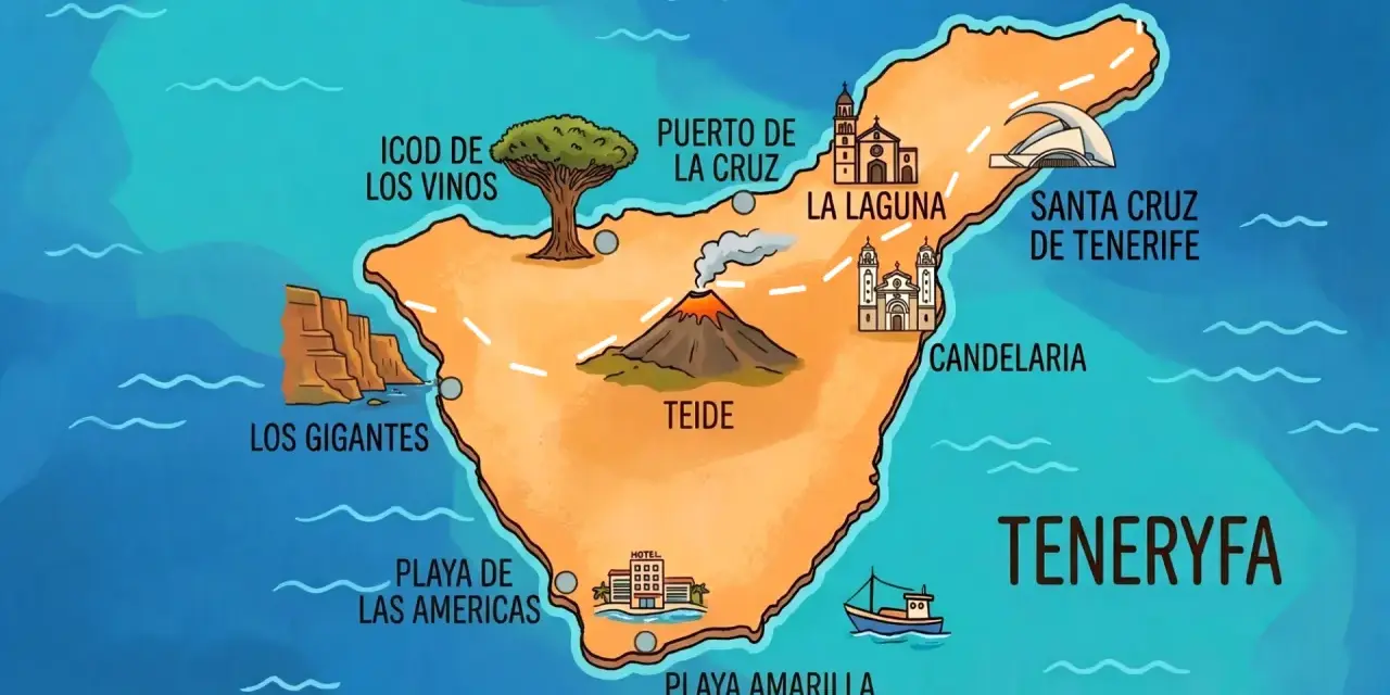 Mapa Teneryfy z zaznaczonymi atrakcjami: wulkan Teide, Los Gigantes, Playa de las Américas. Idealne miejsce na wczasy na Teneryfie!