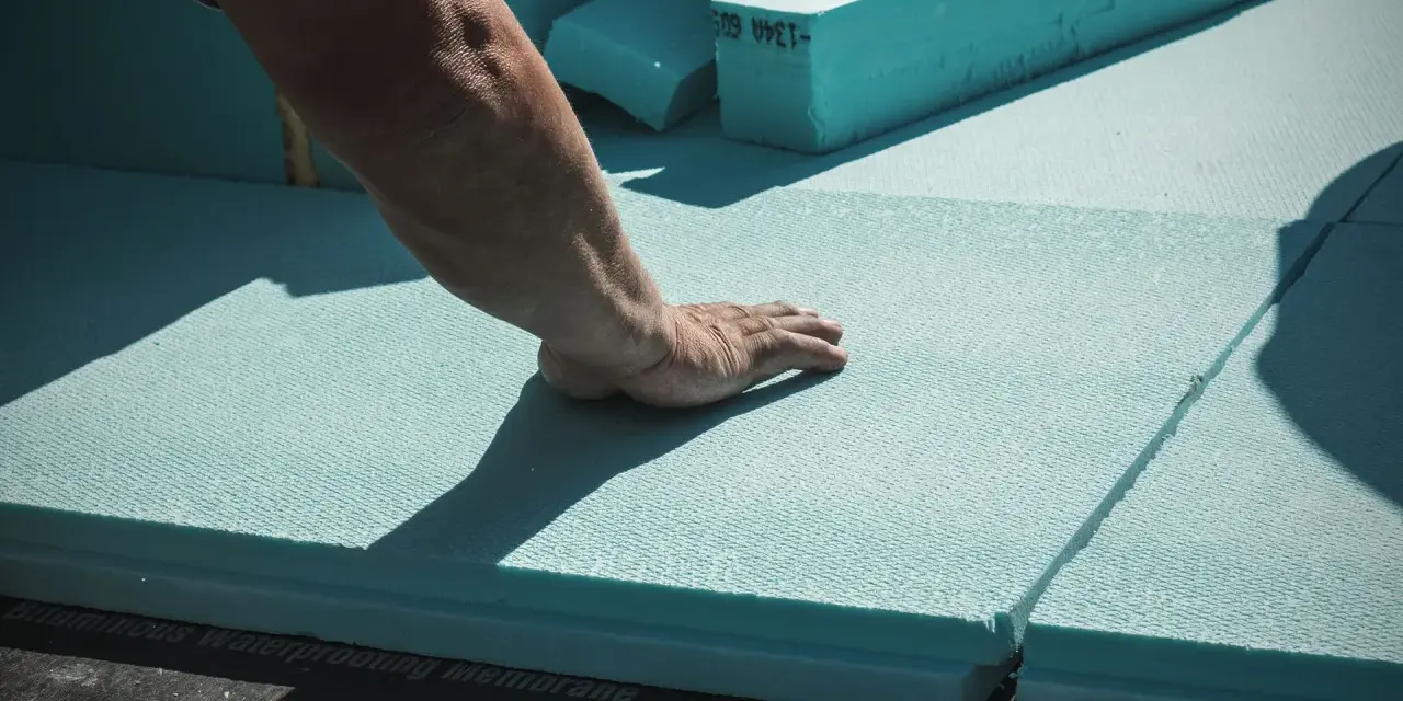 Mano che posiziona pannelli isolanti azzurri, materiali per cappotto termico, su membrana impermeabile.