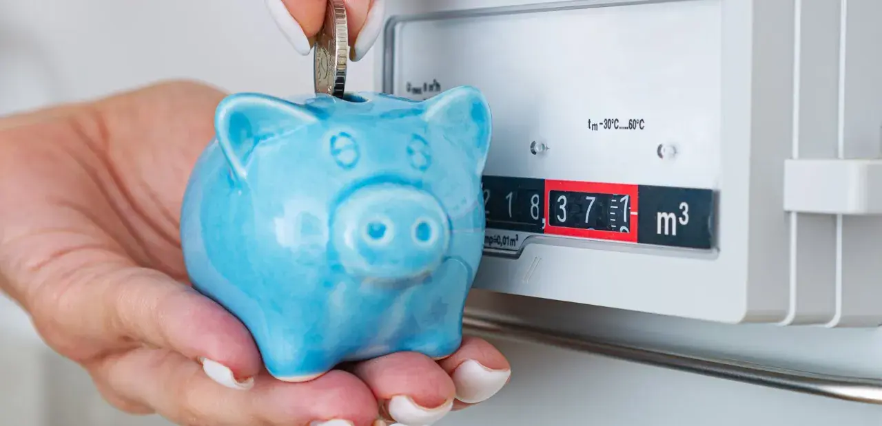 Ahorra con el plan renove calderas gas natural. Una mano deposita una moneda en una hucha cerdito azul junto a un contador de gas.