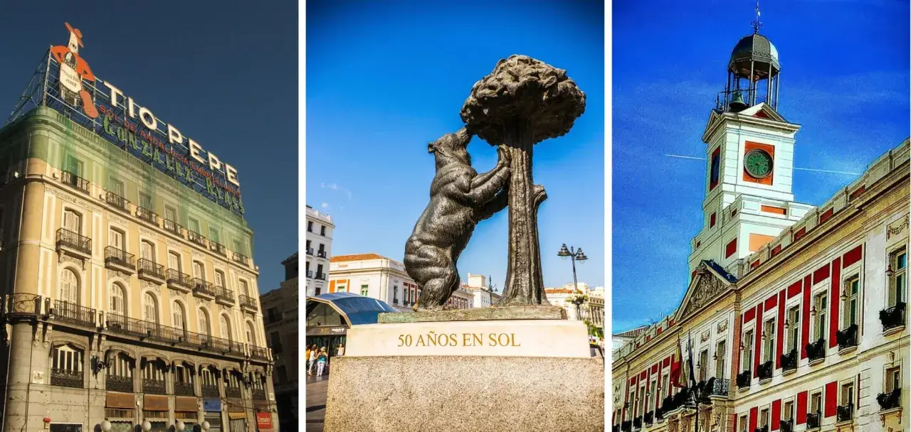 Trzy ujęcia z Puerta del Sol: budynek z neonem Tio Pepe, pomnik niedźwiedzia i drzewa, oraz wieża zegarowa.