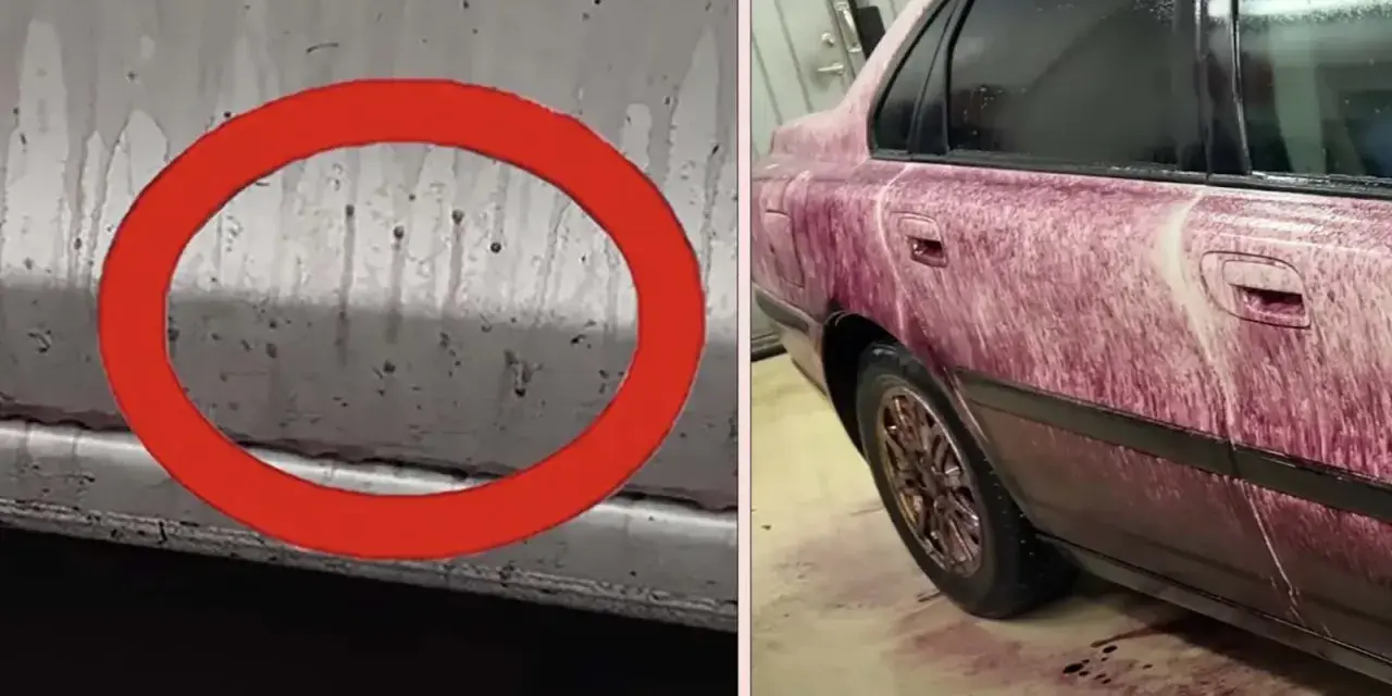 Bilens sida täckt av lila vätska, en flygrostlösare som visar sin effekt.