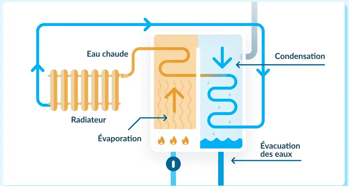 Schéma expliquant le fonctionnement d'une chaudière à condensation : circulation d'eau chaude vers un radiateur, évaporation, puis condensation et évacuation des eaux.