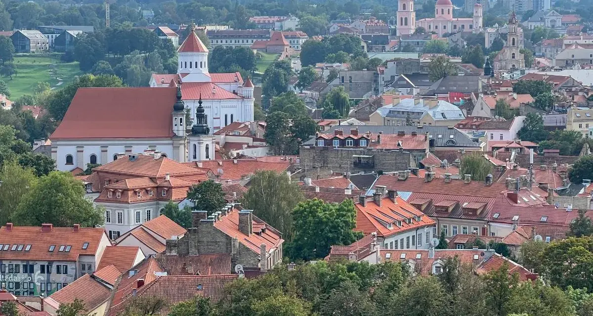 Widok na Wilno z wzgórza Giedymina. Czerwone dachy, białe kościoły i zielone drzewa tworzą malowniczy krajobraz.