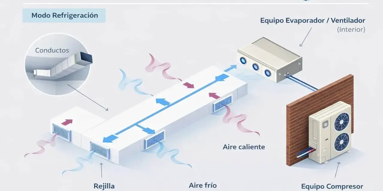 Diagrama ilustra el **consumo aire acondicionado por conductos** en modo refrigeración, mostrando el equipo interior y exterior, conductos y rejillas.