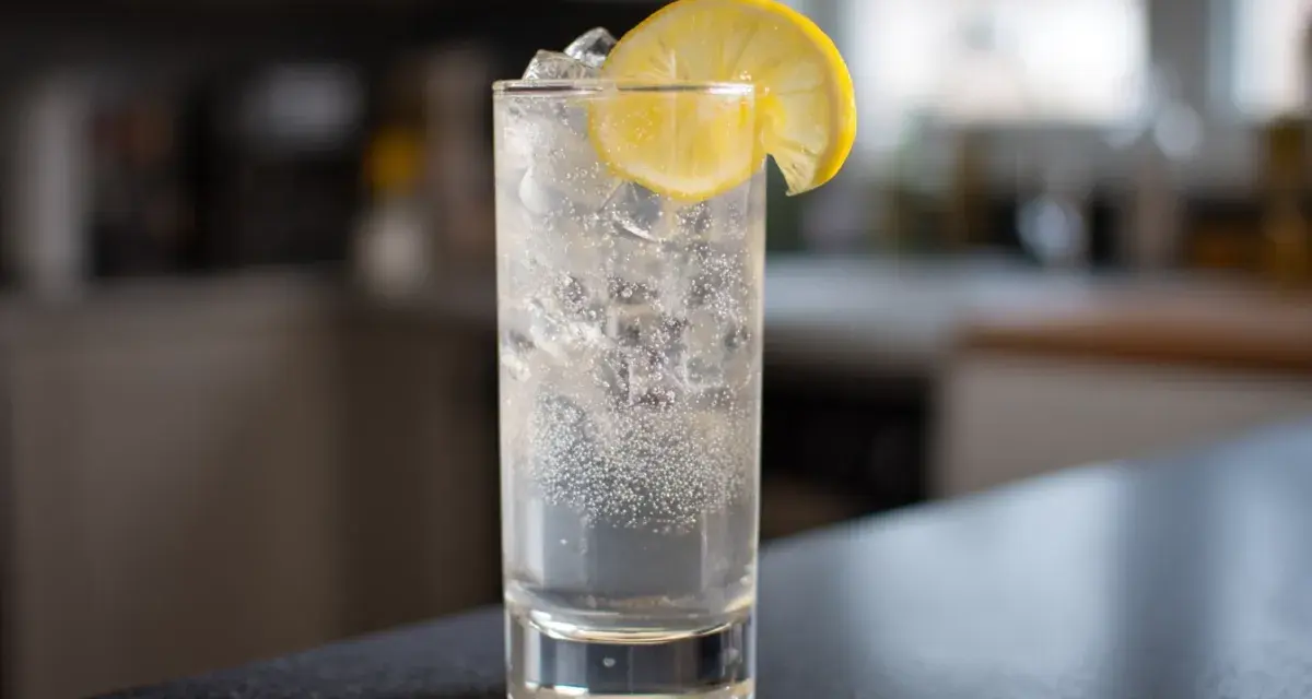 Ett glas med is och bubblor, toppad med en citronskiva. En klassisk Tom Collins, redo att avnjutas.