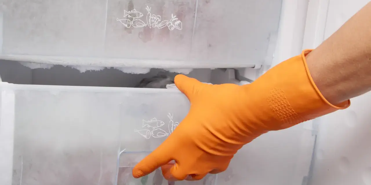 Orange-gloved hand opens a frosty drawer in a freezer. Time to gefrierfach abtauen.