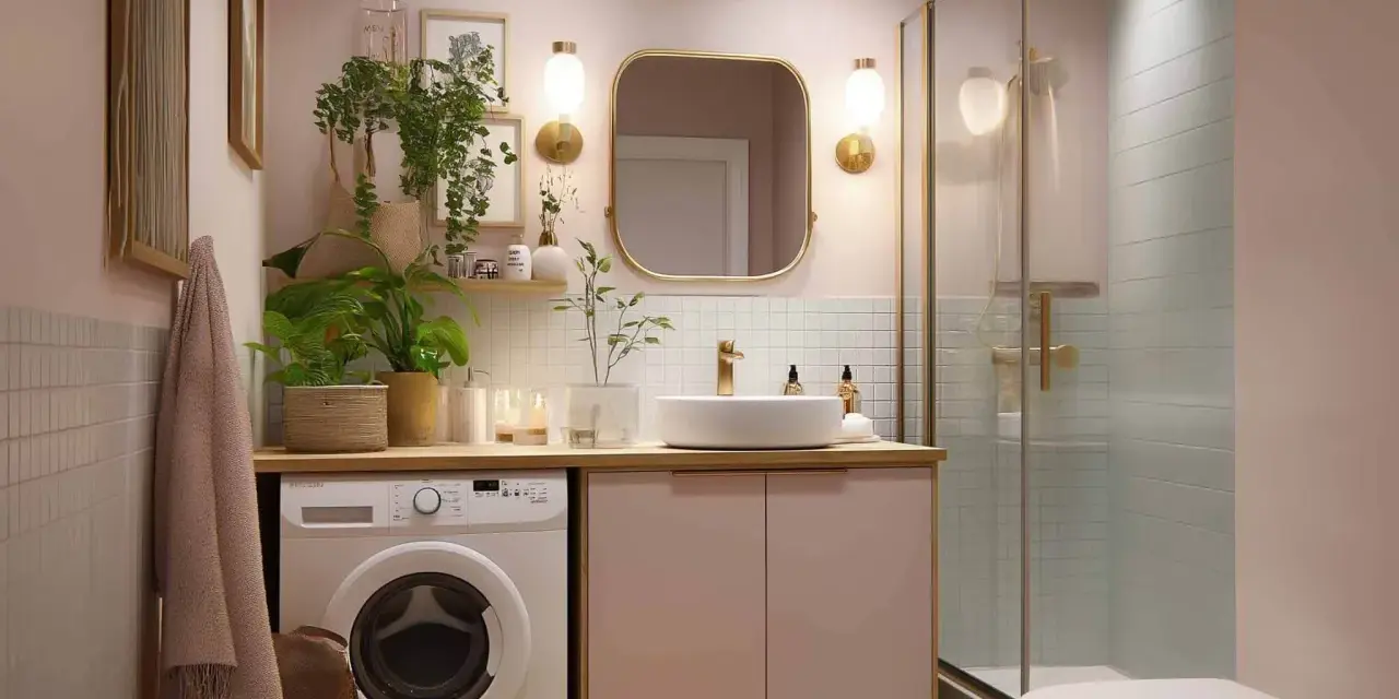Ein kleines Bad einrichten: Waschmaschine, Waschbecken, Dusche und WC in zarten Rosatönen, mit Pflanzen und goldenen Akzenten.