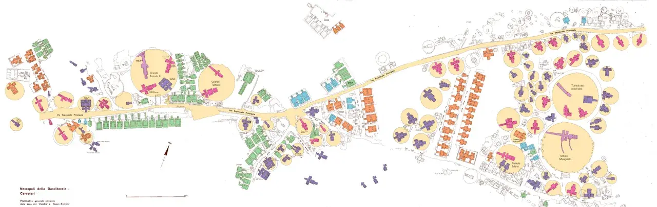 Map of the Etruscan necropolis of Banditaccia, Cerveteri, showing various tombs and tumuli, color-coded for identification.