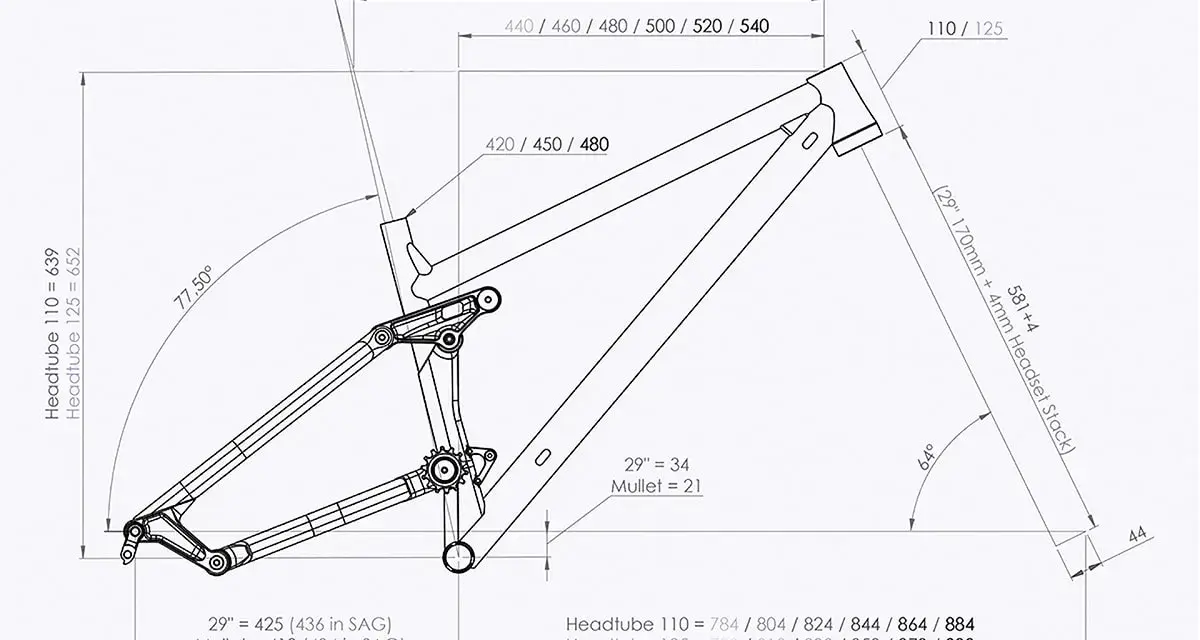 Diagram of an MTB frame showing dimensions and angles. The mtb head tube angle is indicated as 64 degrees.
