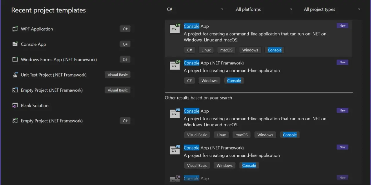 Wybieranie szablonu "Console App" w **Visual Studio** do tworzenia aplikacji konsolowej.