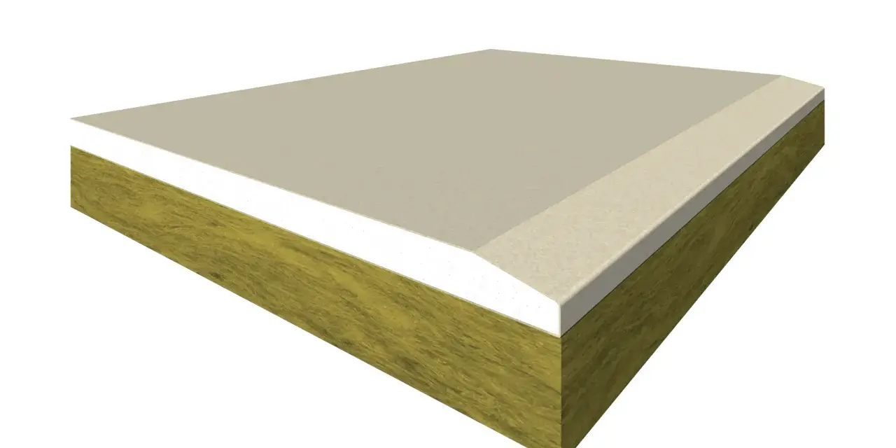Sezione di un pannello isolante con un cappotto lana di roccia, ideale per l'edilizia sostenibile.