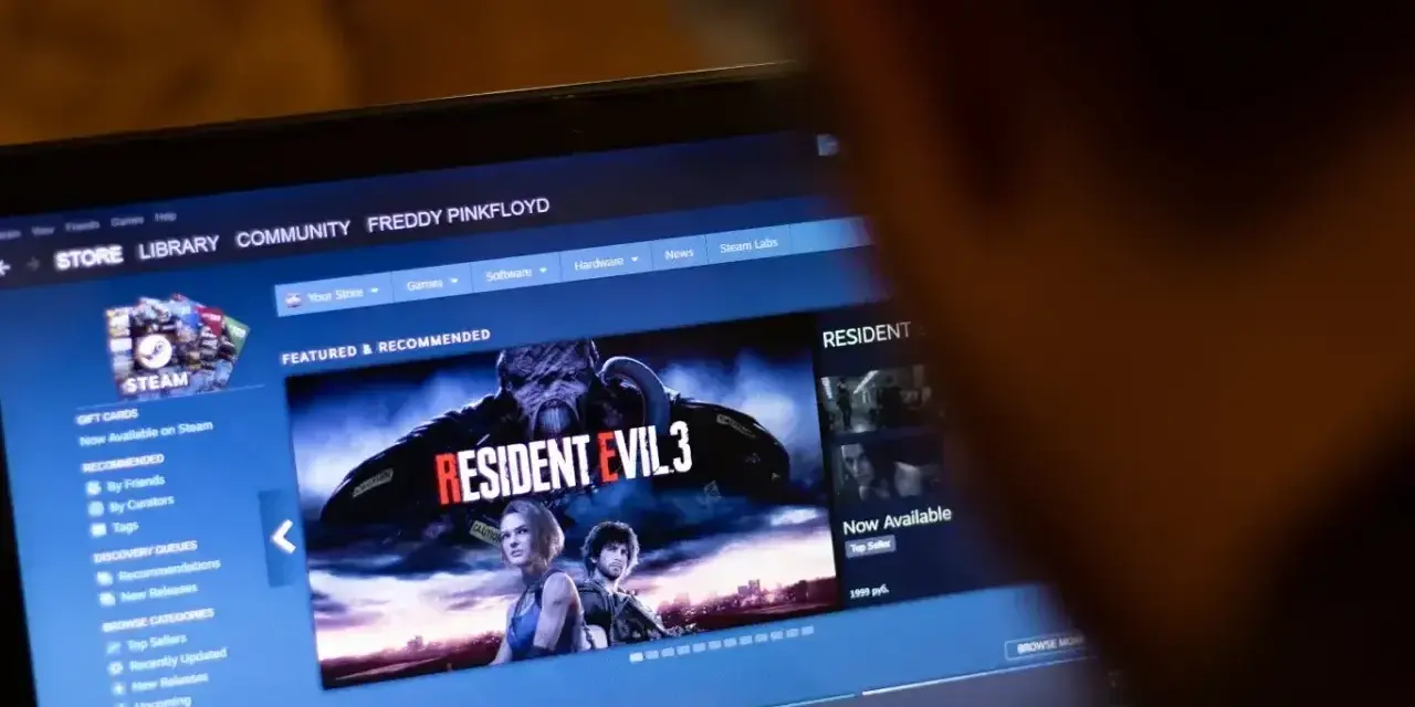 Gracz przegląda Steam, szukając informacji, jak zwrócić grę. Na ekranie widać Resident Evil 3.