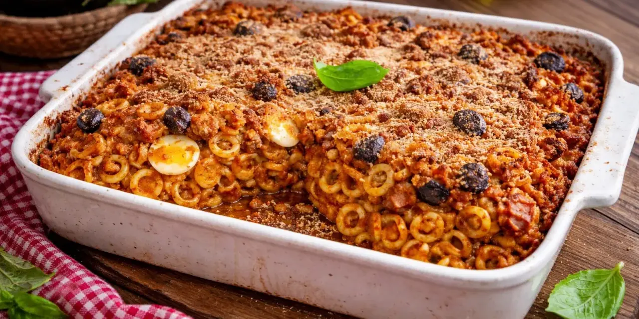 Piatto di anelletti alla siciliana appena sfornato, con uova sode, olive nere e una croccante panatura.