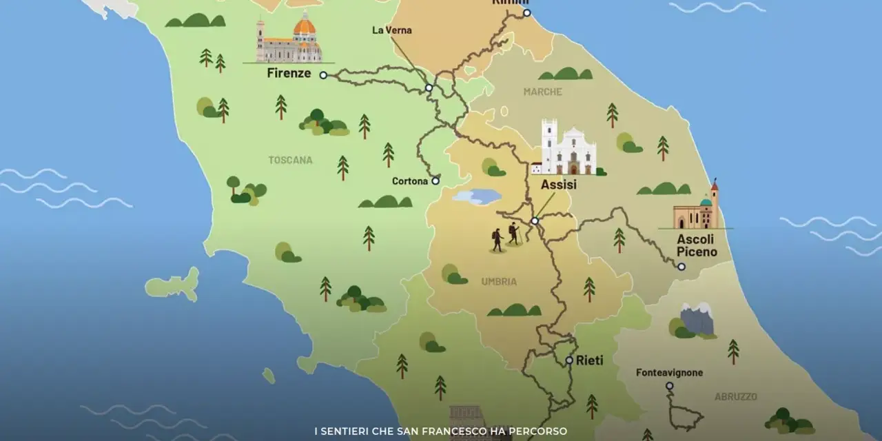 Mappa illustrata del Cammino di Francesco, che mostra i sentieri spirituali in Italia da Rimini ad Assisi, Rieti e oltre.