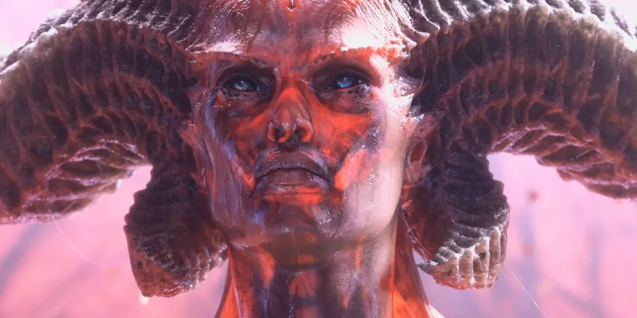 Diablo 4 aktualizacja: przerażająca twarz demona z rogami, oświetlona czerwonym blaskiem.