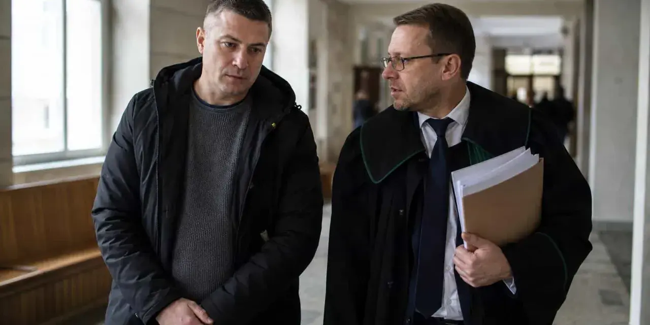 Mężczyzna w czarnej kurtce rozmawia z prawnikiem w todze. Czy usłyszą wyrok w zawieszeniu?