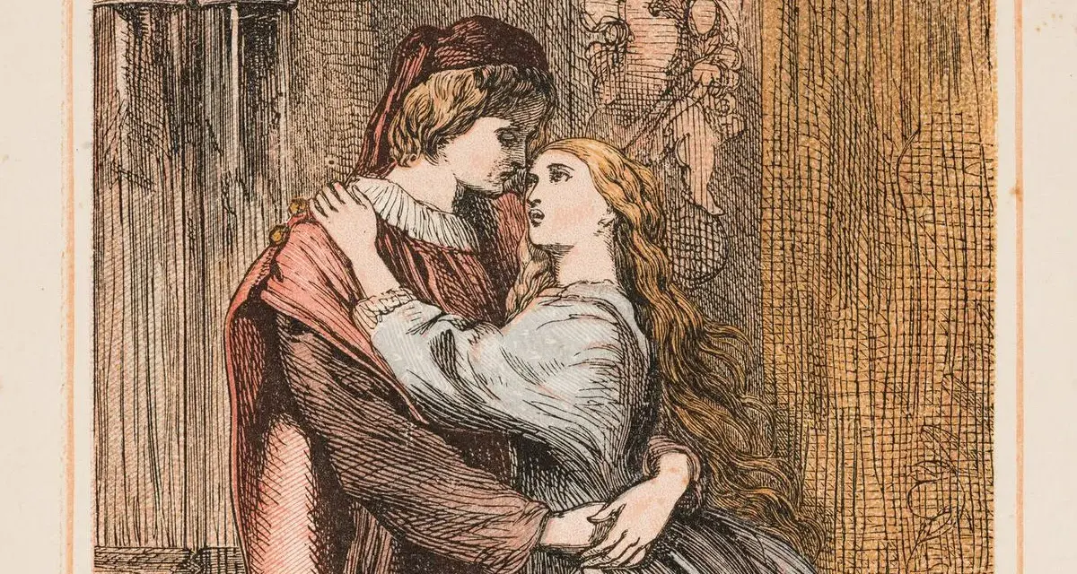 Los **romeo y julieta personajes** se abrazan apasionadamente. Ella, con cabello largo y vestido azul, lo mira con anhelo. Él, con túnica roja y gorro, la rodea con ternura.