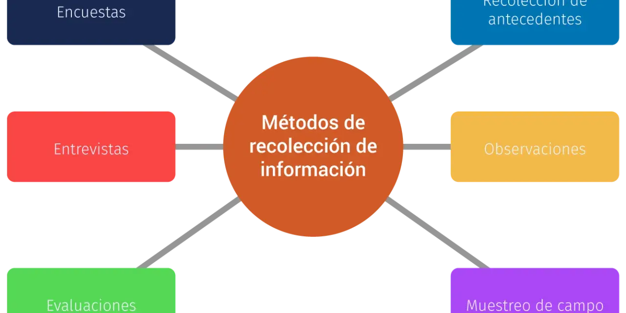 Diagrama de los tipos de investigación de mercados: encuestas, entrevistas, evaluaciones, recolección de antecedentes, observaciones y muestreo de campo.