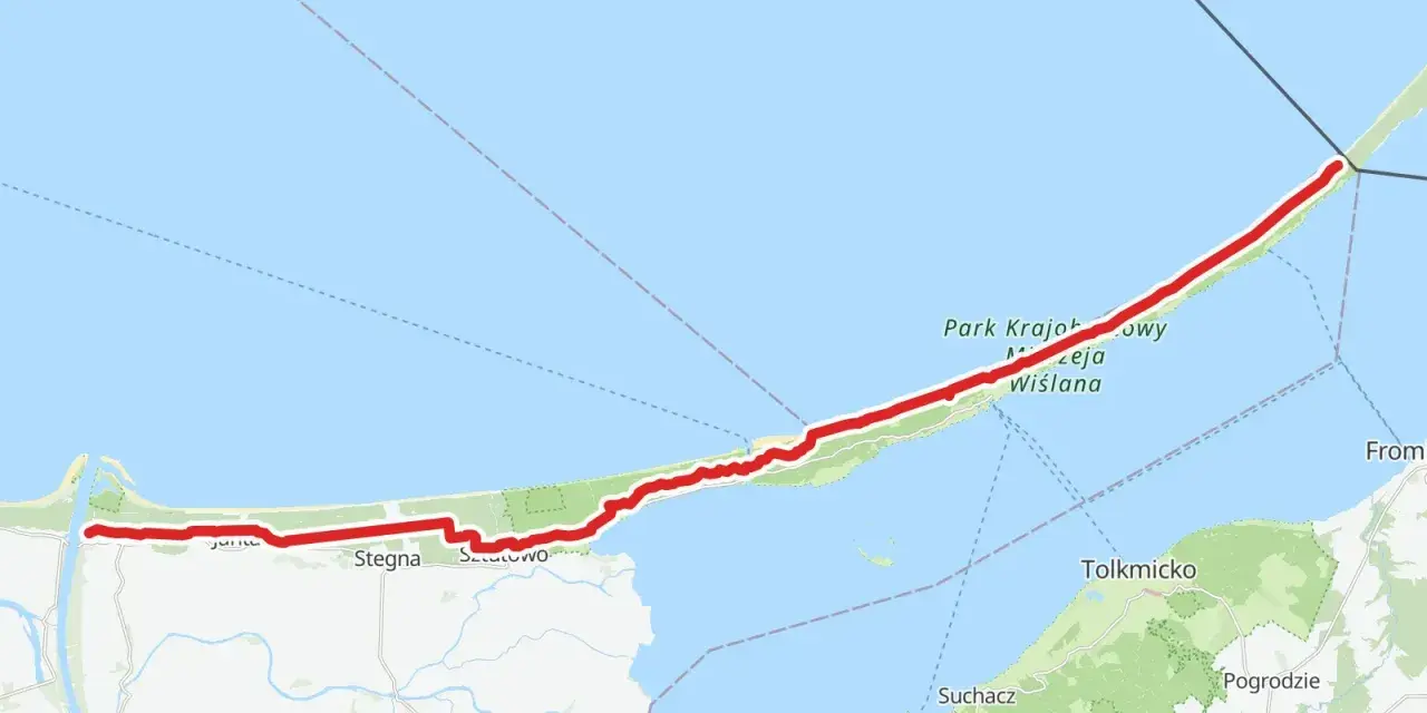 Trasa rowerowa Velo Baltica wzdłuż Mierzei Wiślanej, od ujścia Wisły przez Stegnę do Fromborka.