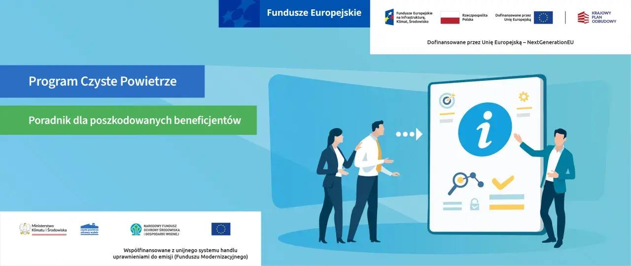 Ilustracja przedstawia ludzi i ikonę informacji na ekranie, symbolizującą poradnik.