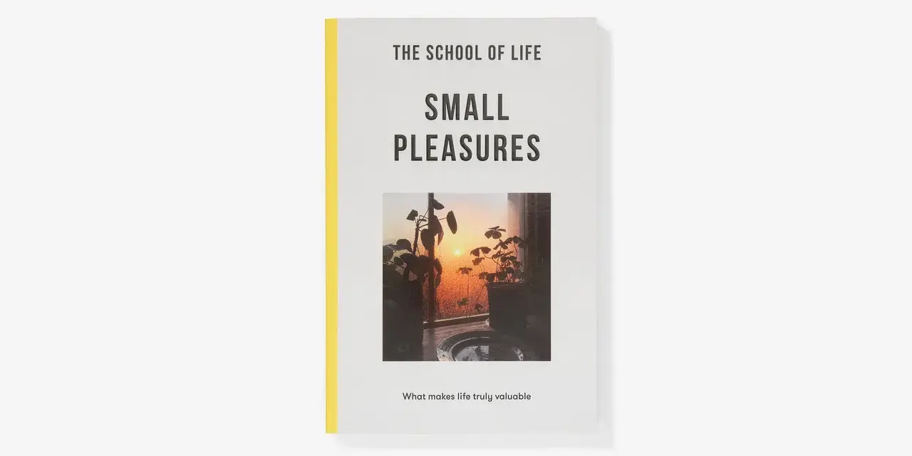 The School of Life book cover, "Small Pleasures," features a sunset view through a window with houseplants, reminding us of life's simple pleasures.