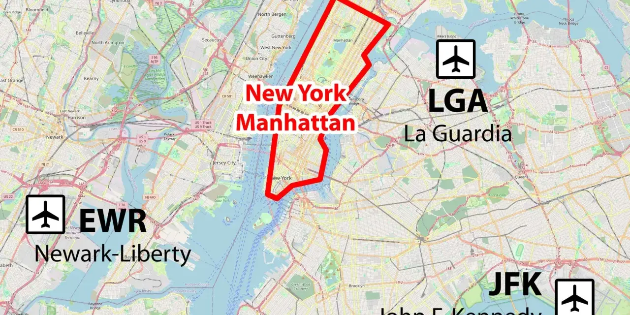 Mapa Nowego Jorku z zaznaczonym Manhattanem, lotniskami LGA, EWR i JFK.