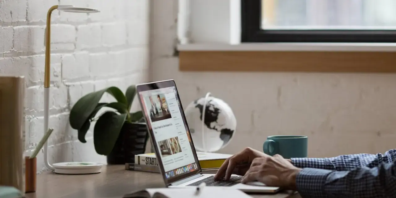 Person tippt auf Laptop, daneben stehen Lampe, Pflanze, Globus und Tasse.