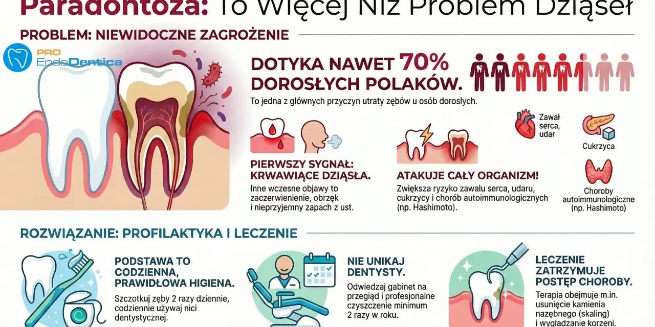 Ilustracja przedstawia przekrój zęba z widocznymi problemami dziąseł, bakterie i objawy paradontozy.