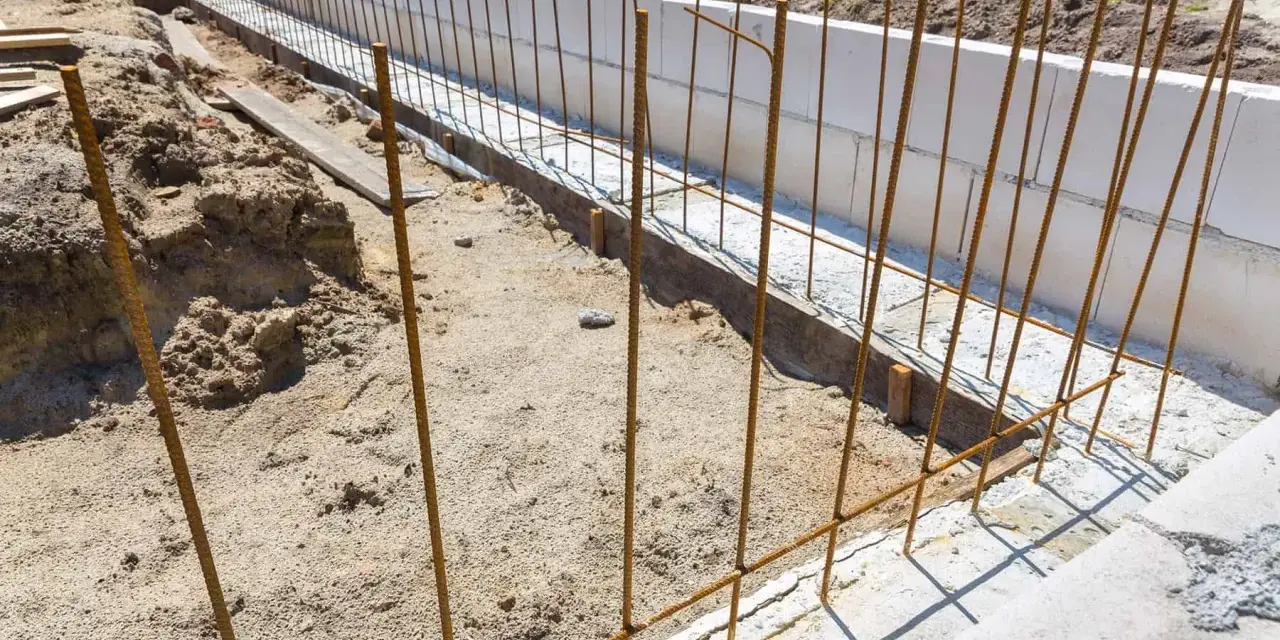 Budowa fundamentów: pionowe i poziome zbrojenie czeka na beton.