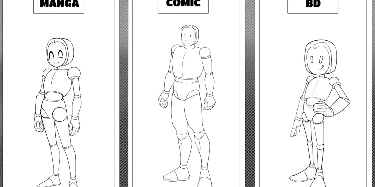 Trois dessins de personnages robotiques, style manga, comic et BD. Un dessin difficile personnage pour chaque style.