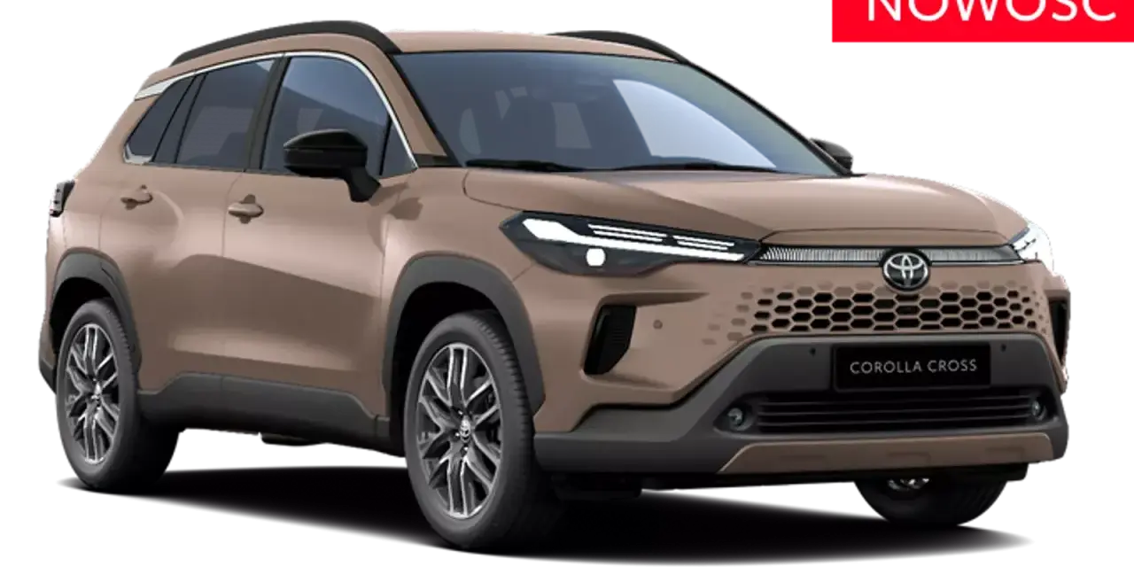 Brązowy Toyota Corolla Cross Hybrid z napisem "NOWOŚĆ" na czerwonym tle.