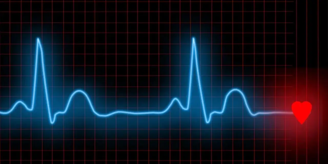 Niebieska linia EKG na czarnym tle z czerwoną siatką. Serce pulsuje, pokazując, hrv co to jest.
